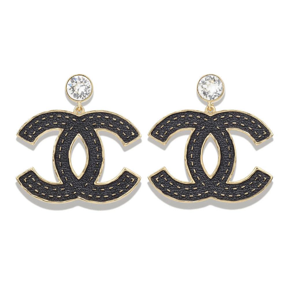 Chanel 23S XL Gold Black Crystal Clip On CC Logo Dangle Drop Statement Earrings - Picture 1 of 12